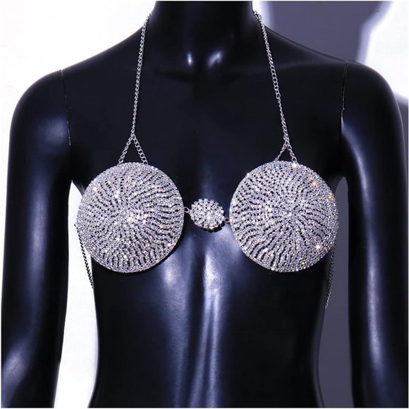 Crystal Round Big Bra Top Chain Cover Chest Bikini Jewelry Sexy Tassel Body Chai - Picture 3 of 5